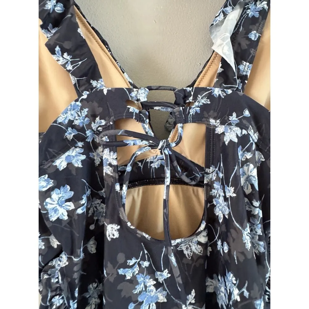 NWT A Pea In The Pod Maternity Navy Blue Floral Ruffle One Piece Swimsuit Small - Image 5
