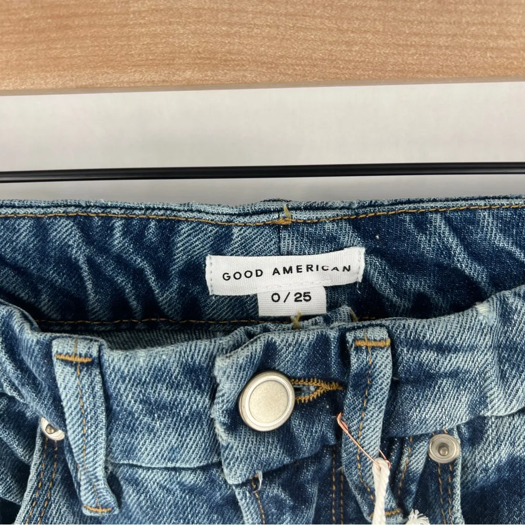 Good American Good Boy Side Fray High Rise Medium Wash Blue Straight Leg Jeans 0 - Image 6