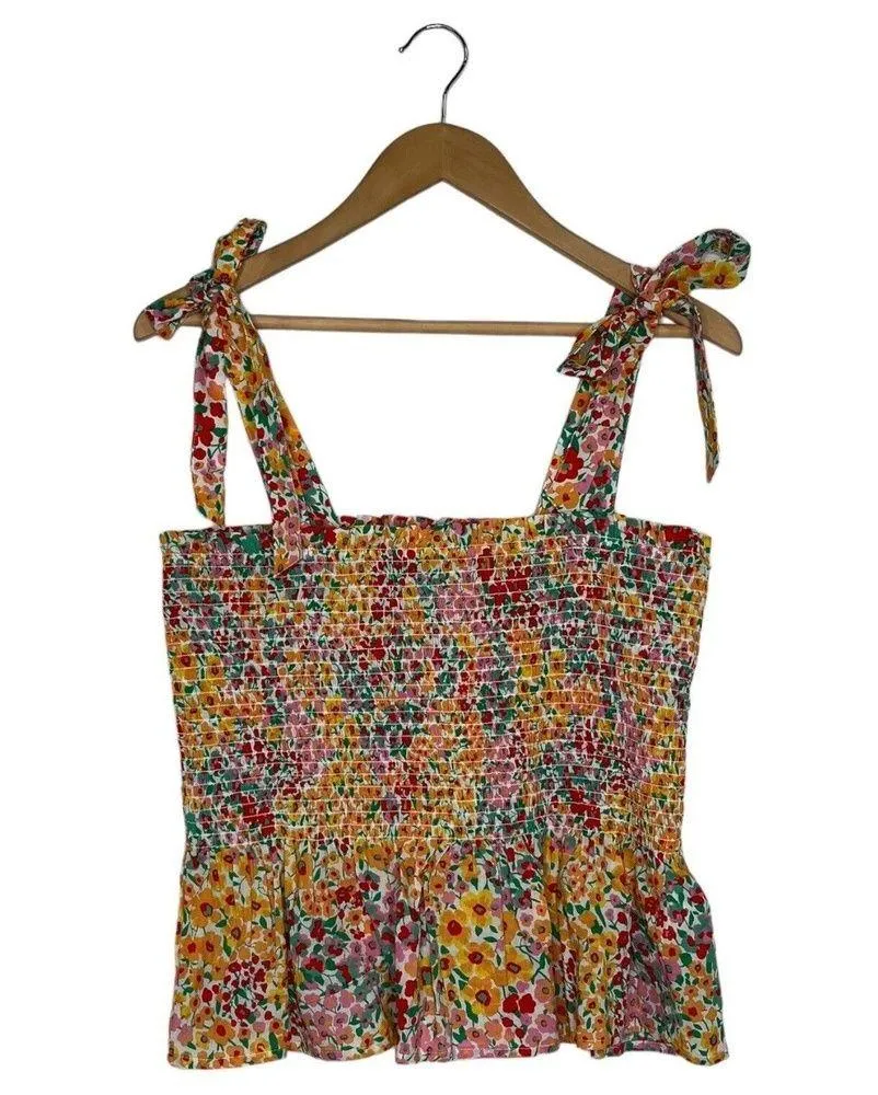 New J Crew Top Womens M Smocked Ditsy Floral Tie Shoulder Straps Tank Multi - Image 3