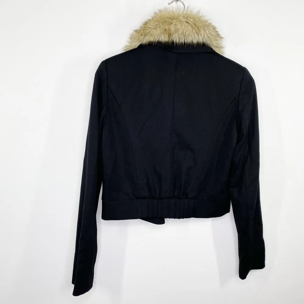 LOFT Black Faux Fur Collar Long Sleeve Cropped Jacket Women's Size XS - Image 2