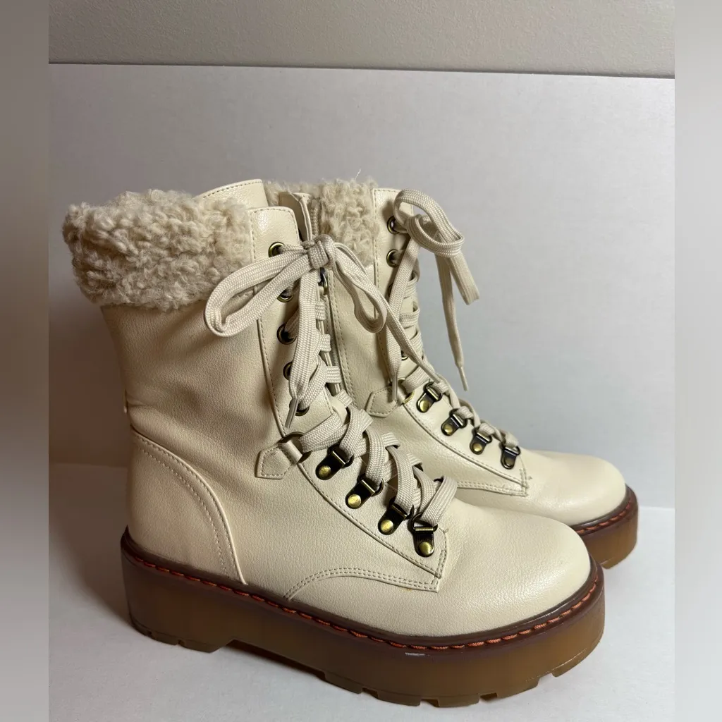 NEW CIRCUS SAM EDELMAN Ivory Shearling Combat Boots size 8 Brown - Image 5