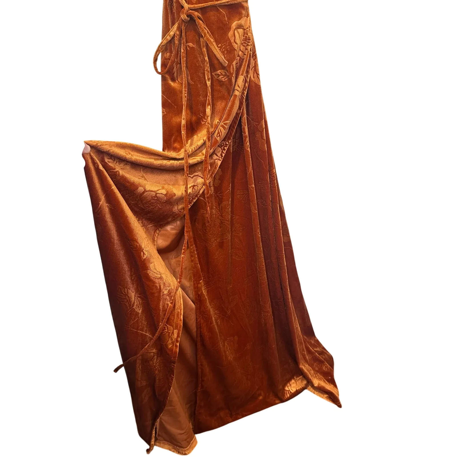 BALTIC BORN Dark Orange Brown Danielle Embossed Floral Velvet Wrap Dress sz XS - Image 10