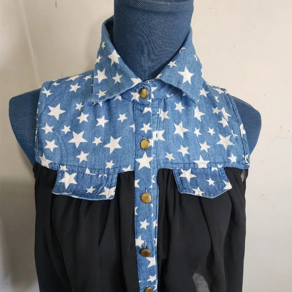 Cloe Sleeveless Button Down Shirt Top Flowy & Sheer Blue - Image 2