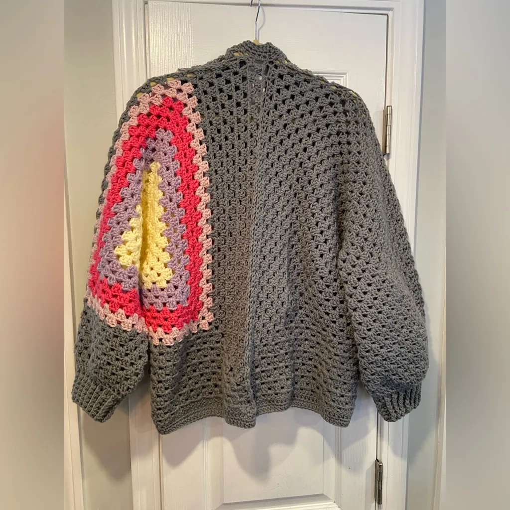 Handmade Crochet Granny Square One Size Cozy Cardigan Boho Chunky Knit Sweater - Image 6