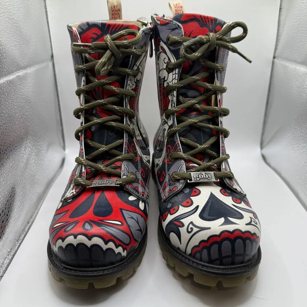 Goby Sugar Skull Combat Boots Day of the Dead Gothic Lace Up Boots Size‎ 35/5 Black - Image 2