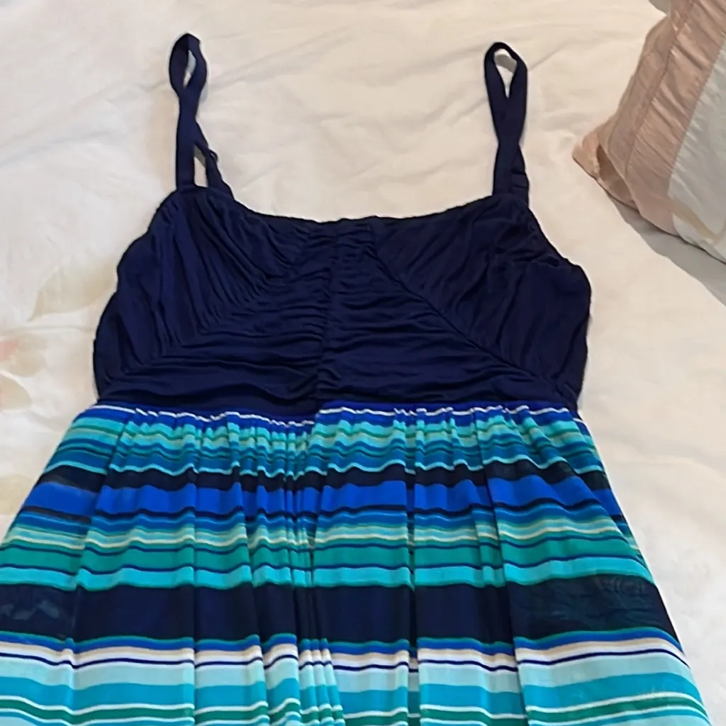 Women small Blue and green stripped maxi long dress mesh with adjustable straps - Image 2