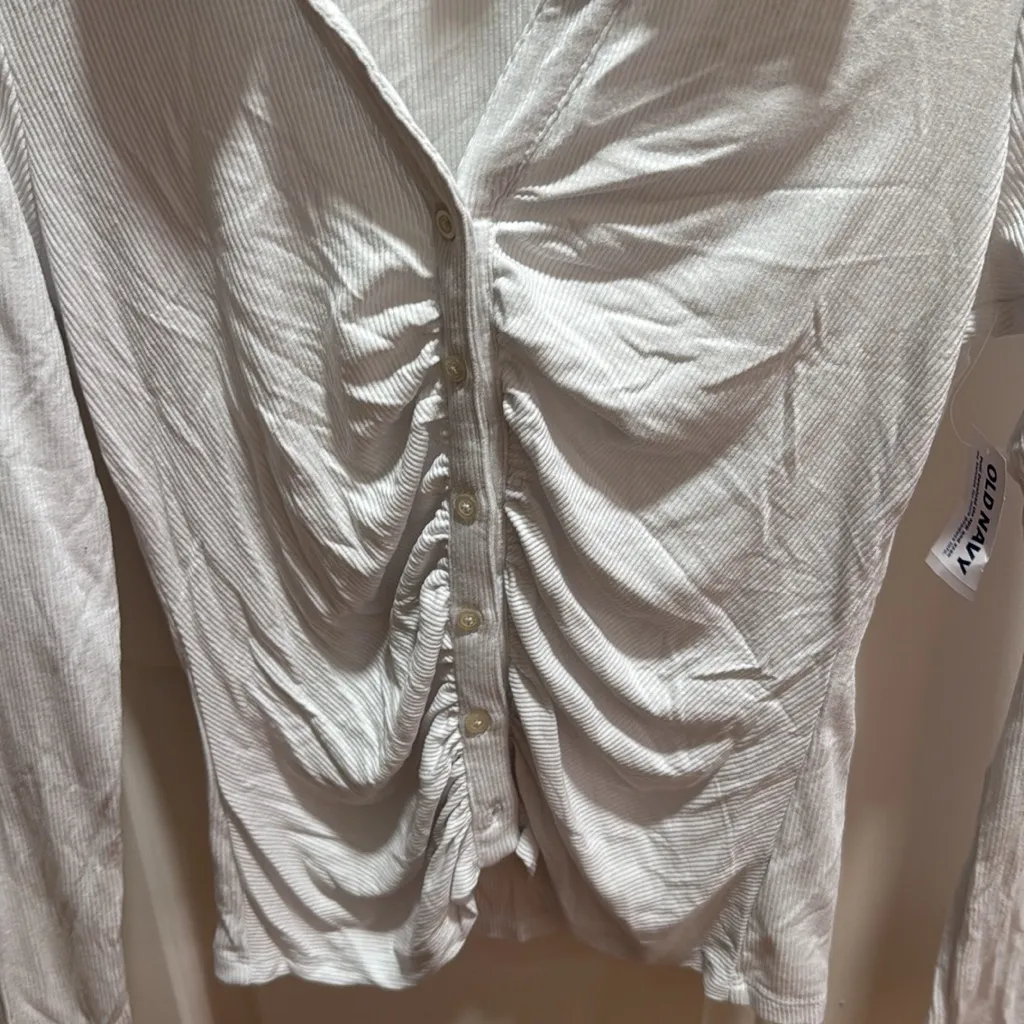 Old Navy Womens Ribbed Ruched Button Front Collared Long Sleeve Top White Size M - Image 3