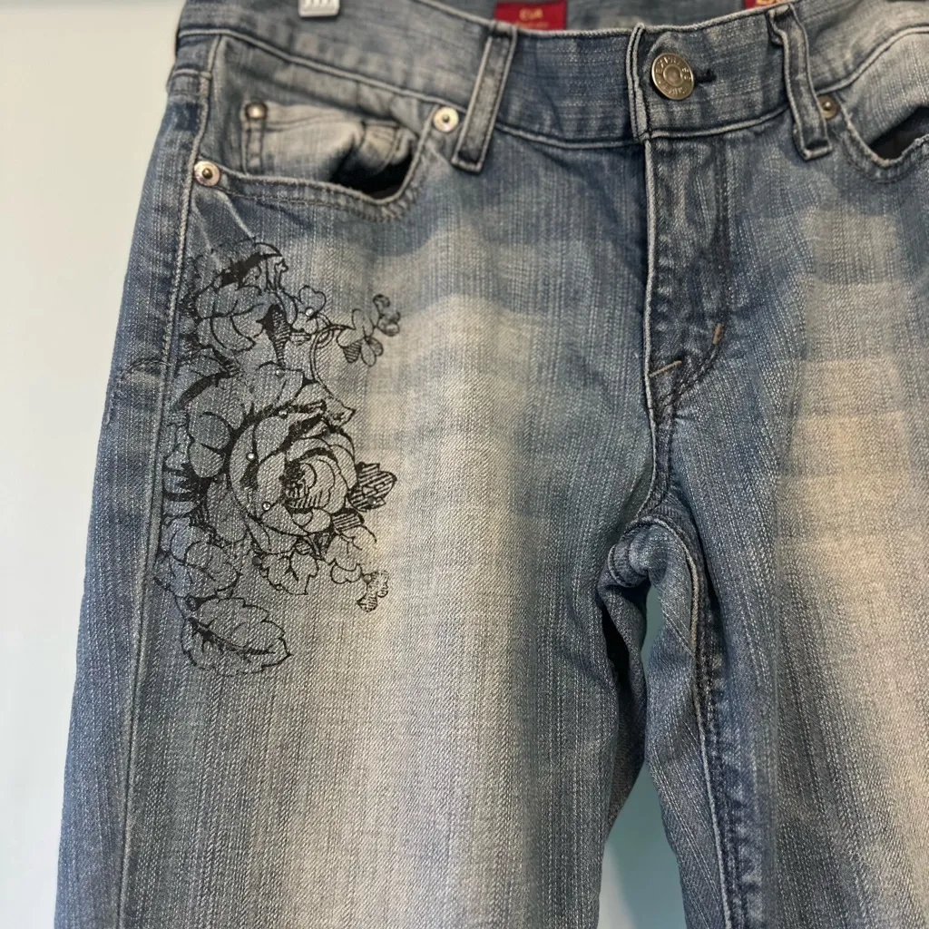 Vintage Eva Express Blue Flare Jeans with Black Floral Embellished Goth - Image 3