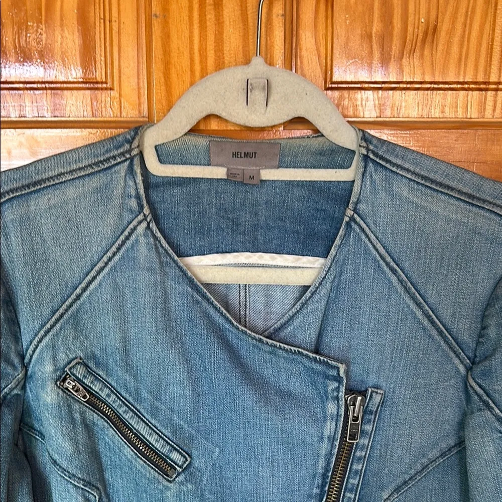 Helmut Lang Blue Jean Jacket with Moto Style and Asymmetrical Zipper - Image 2