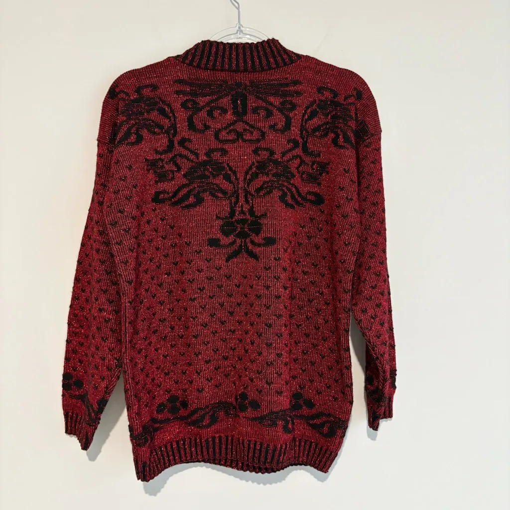 Adele Knitwear vintage Swirl &‎ Hearts Sweater Red Lurex Sparkle & Black Large - Image 2