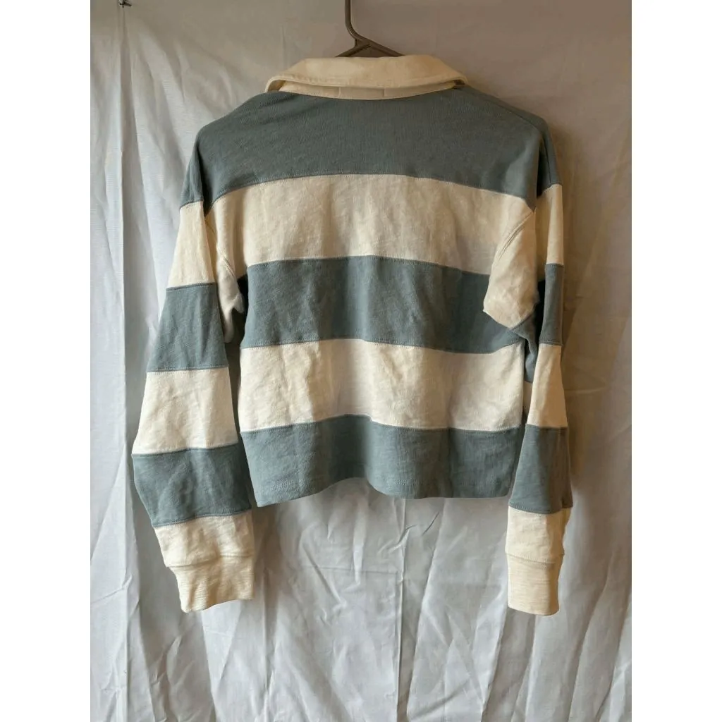 Marine Layer Cropped Rugby Polo Long Sleeve Top Light Blue White Stripes Size XS - Image 2