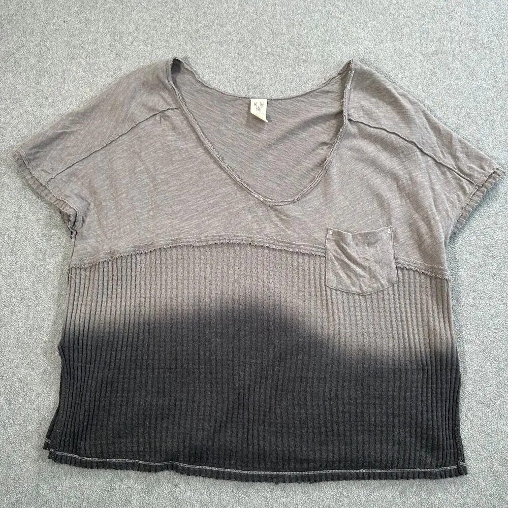 Free People We The Free Oversized Ombre Tee Shirt XSmall Gray Ribbed Linen Blend - Image 10