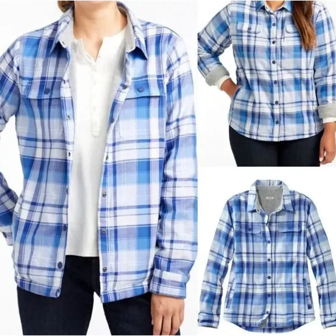 L.L. Bean Women’s Flannel Plaid Fleece Lined Shacket Small Blue - Image 2