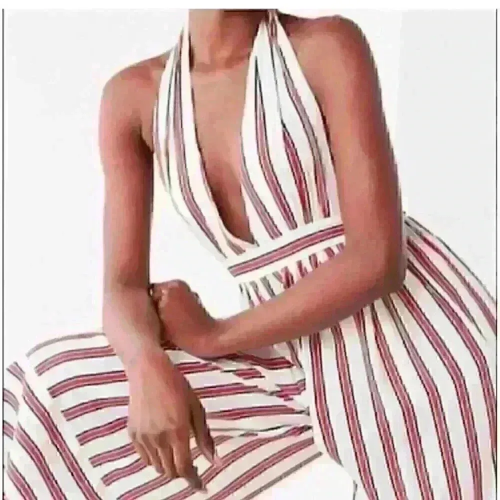 Urban Outfitters Raven striped Plunging Halter Style cropped Jumpsuit sz‎ S - Image 3