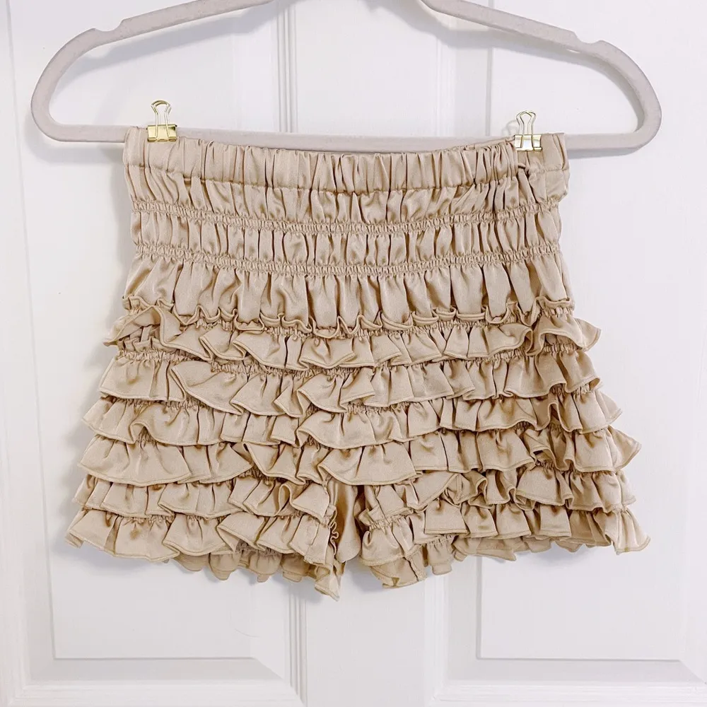 Japanese Kawaii Lolita Pastel Tan Bronze Silky Tiered Layered Summer Shorts - Image 5