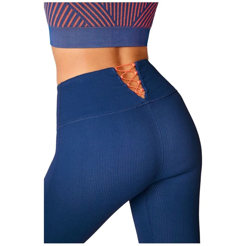 Fabletics High Waisted Seamless Ribbed Legging Corset Workout Yoga Teal Blue S - Image 13