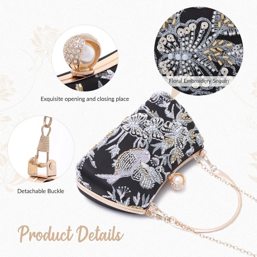 ⚡ Women's Floral Sequin Black Embroidery Evening Beaded Clutch Handbag - Image 6