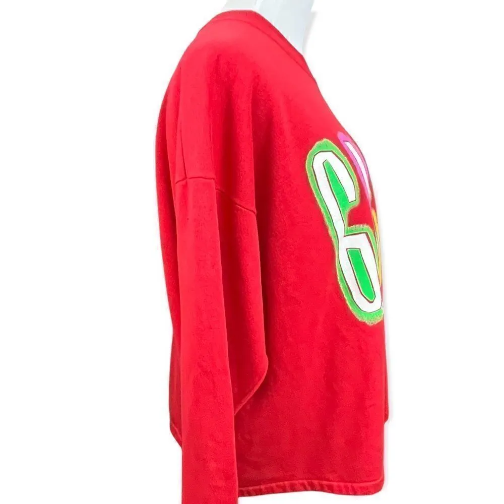 Vintage 80’s Guess Boxy Neon Rainbow Graffiti Spell Out Sweatshirt Large Red - Image 2