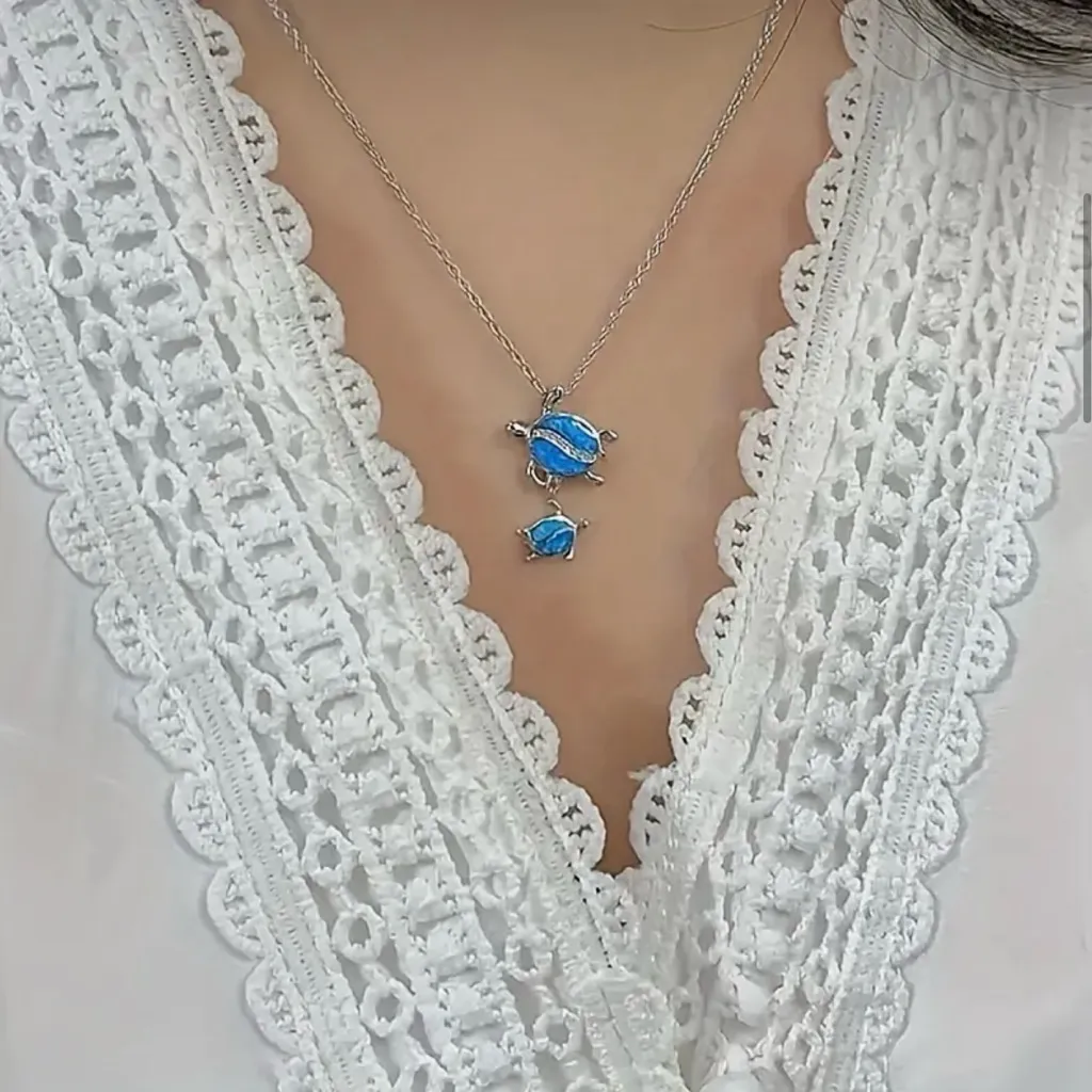 Silver Plated Tear Drop Opal‎ Turtle Parent Child Pendant, Minimalist Necklace - Image 3