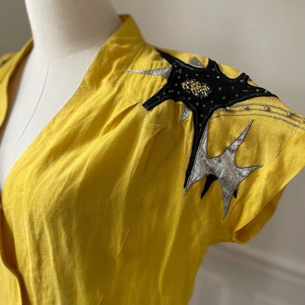 Vintage 80s Lily Chao Silk Leather Shoulder Pad Applique Shirt 6 Yellow - Image 9