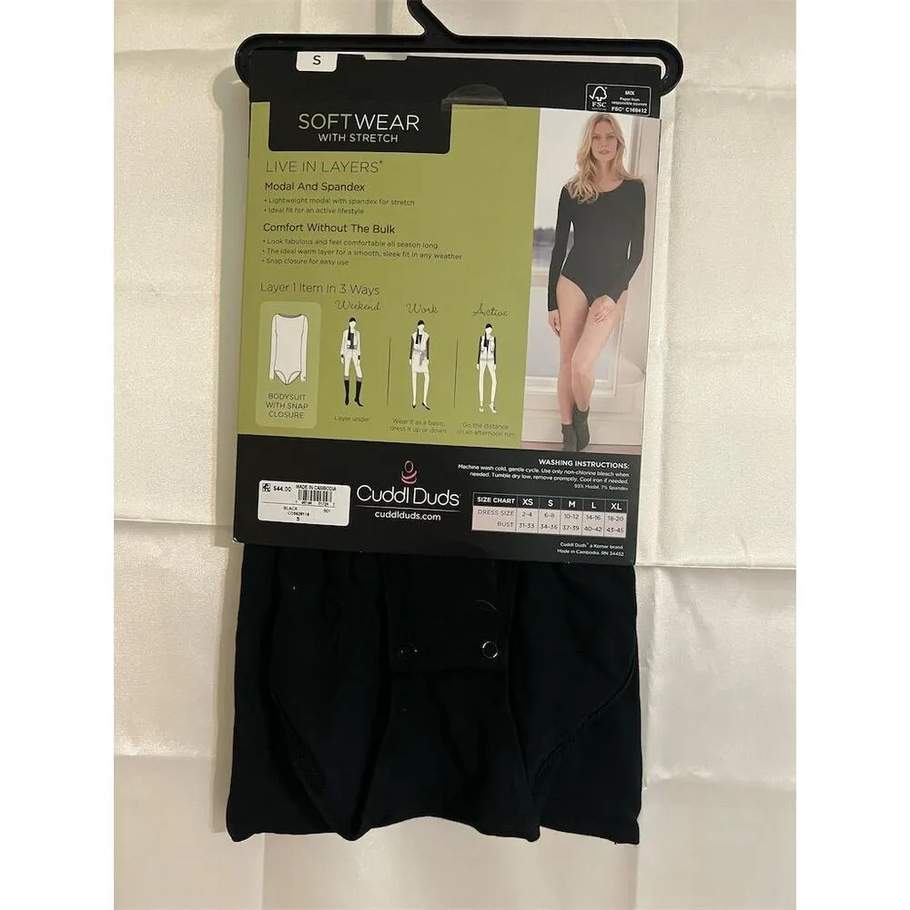 Cuddl Duds Women's Black Long Sleeve Bodysuit Size S Snap Closure - Image 2