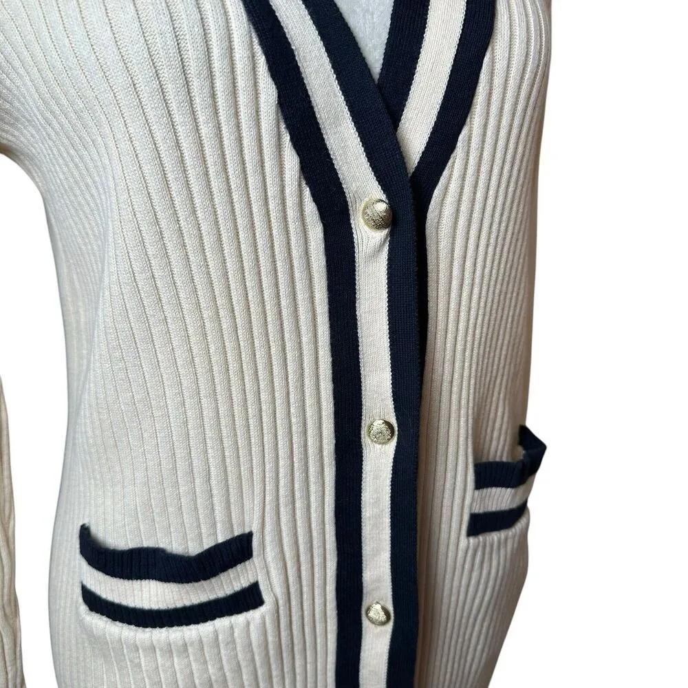 Cabi Ribbed Cotton Cardigan Sweater Small | Ivory Navy Trim Preppy Coastal Chic - Image 7