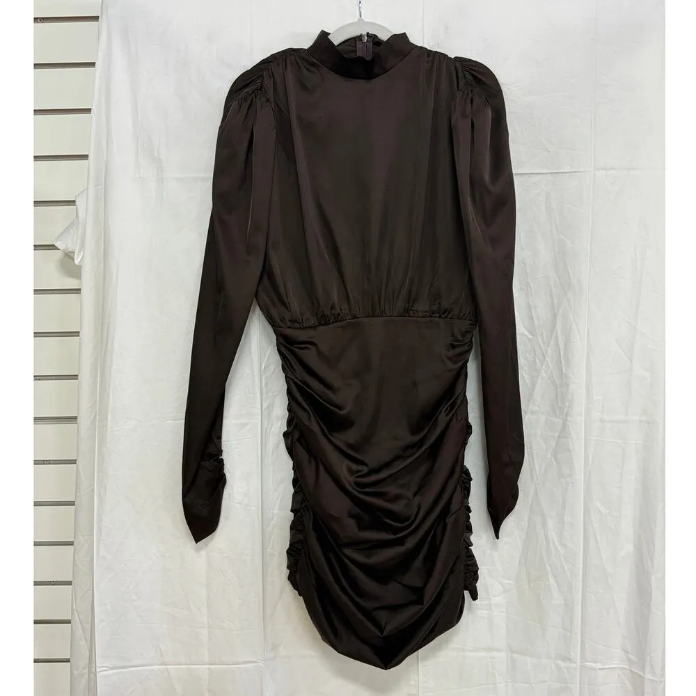NWT Rare London Long Sleeve High Neck Ruched Satin Mini Dress Brown Women's US 6 - Image 4