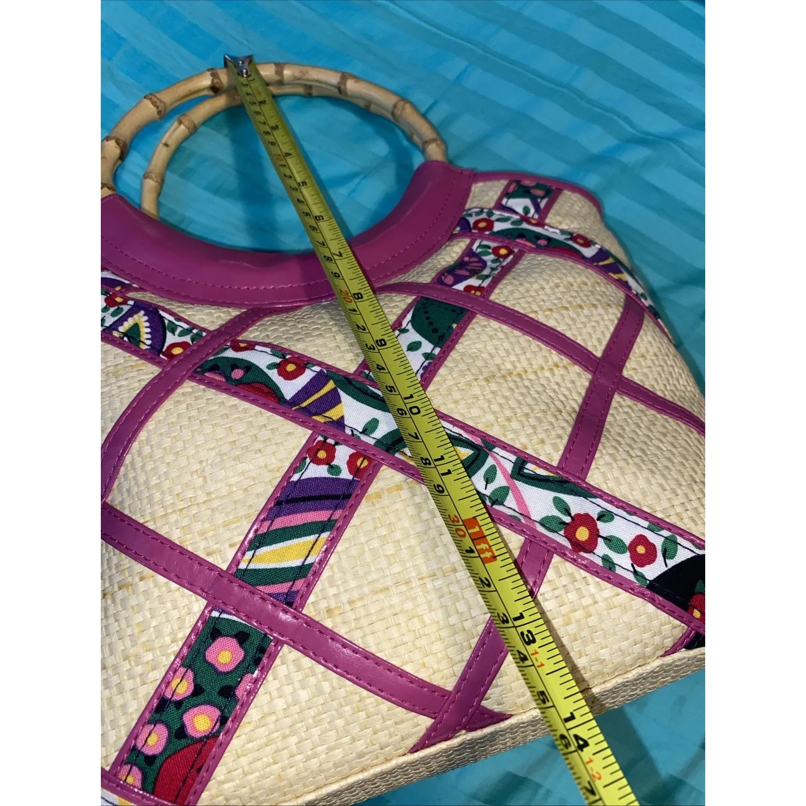Viva La Vera Bradley Hand Bag Tote Bamboo Handle Pink Cream straw - Image 11