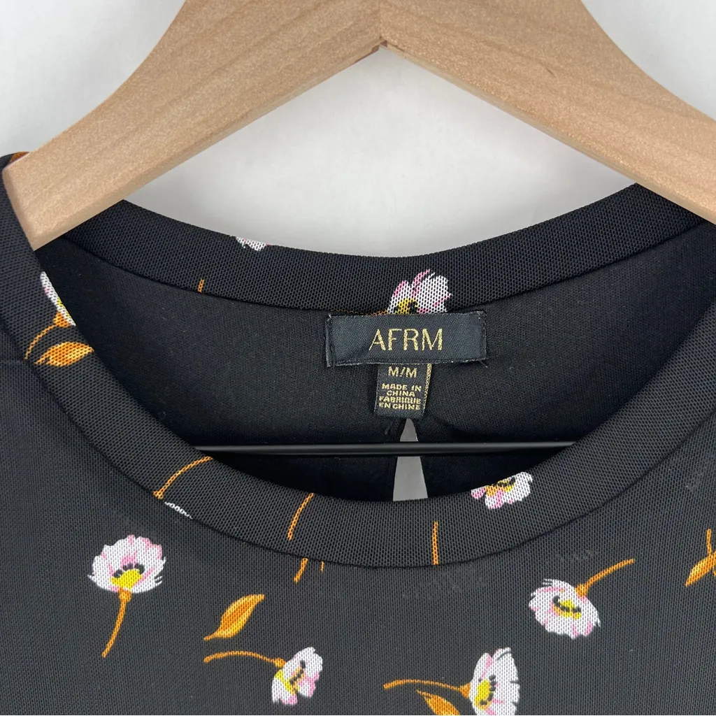 AFRM Noir Spring Floral Sheer Mesh Tiered Long Sleeve Mini Babydoll Dress Size M Black Size M - Image 4