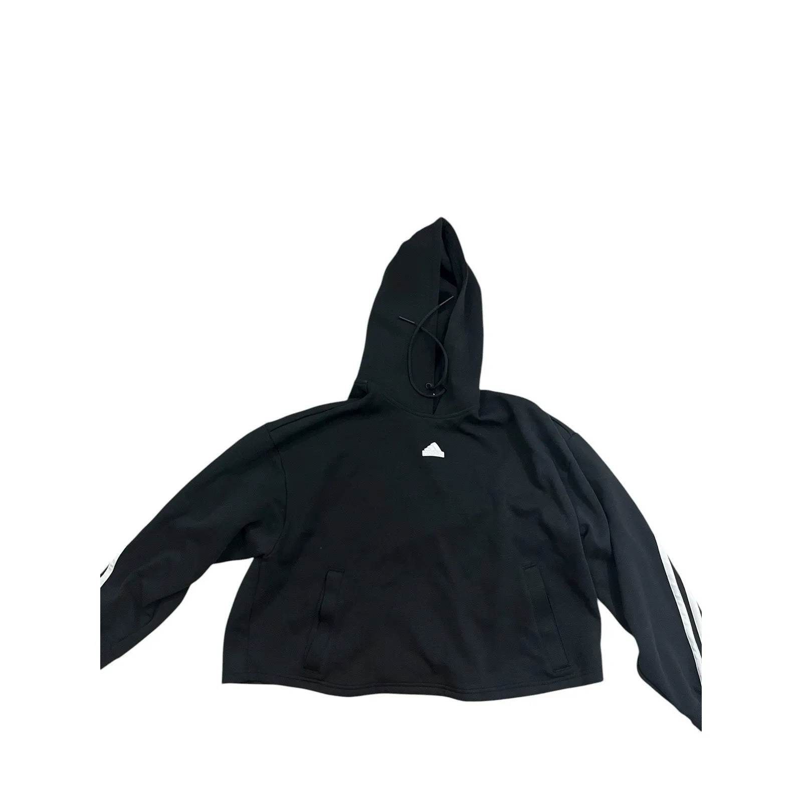 Adidas Hoodie Cropped Black Sweatshirt Women’s Large White Stripes Streetwear - Image 3