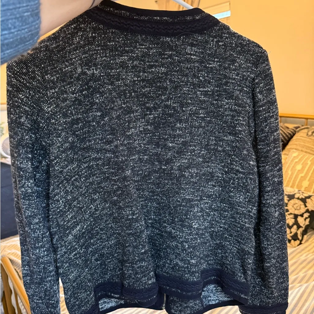 Talbots Tweed Knit Blazer Braided Trim Full Zip Navy White - Image 7