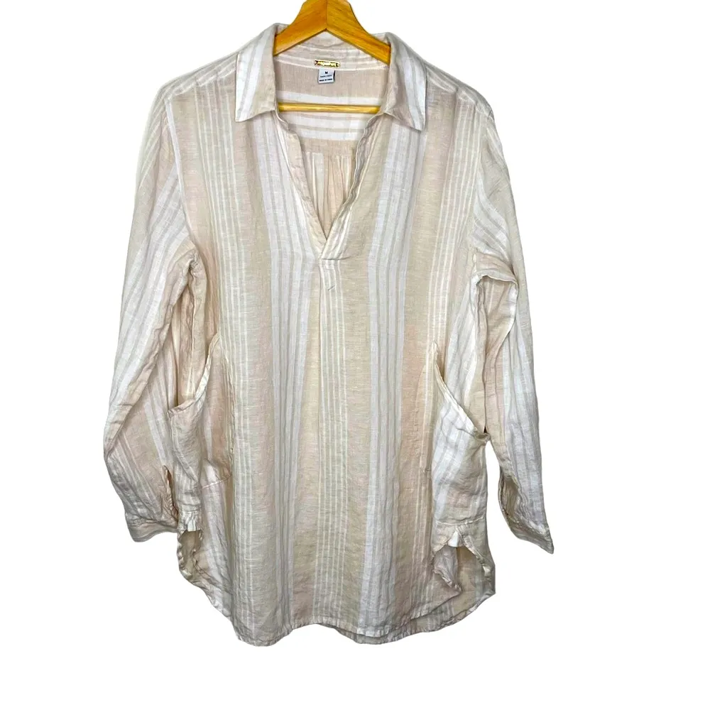 MAGASCHONI Linen Lagenlook White and Tan Stripe Oversized Tunic with Pockets M - Image 2