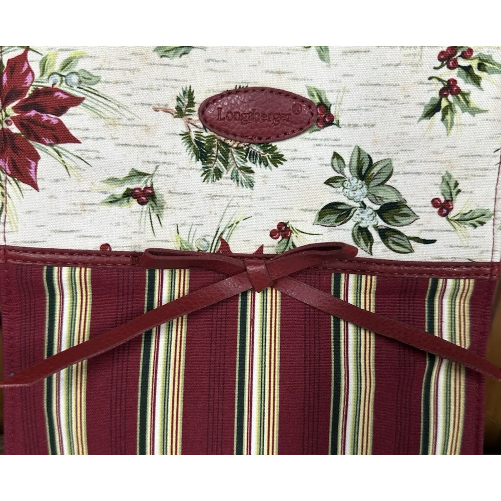 Longaberger Holiday Christmas Gift Bag Holly Berry Poinsettia Striped Fabric 9" Red - Image 7