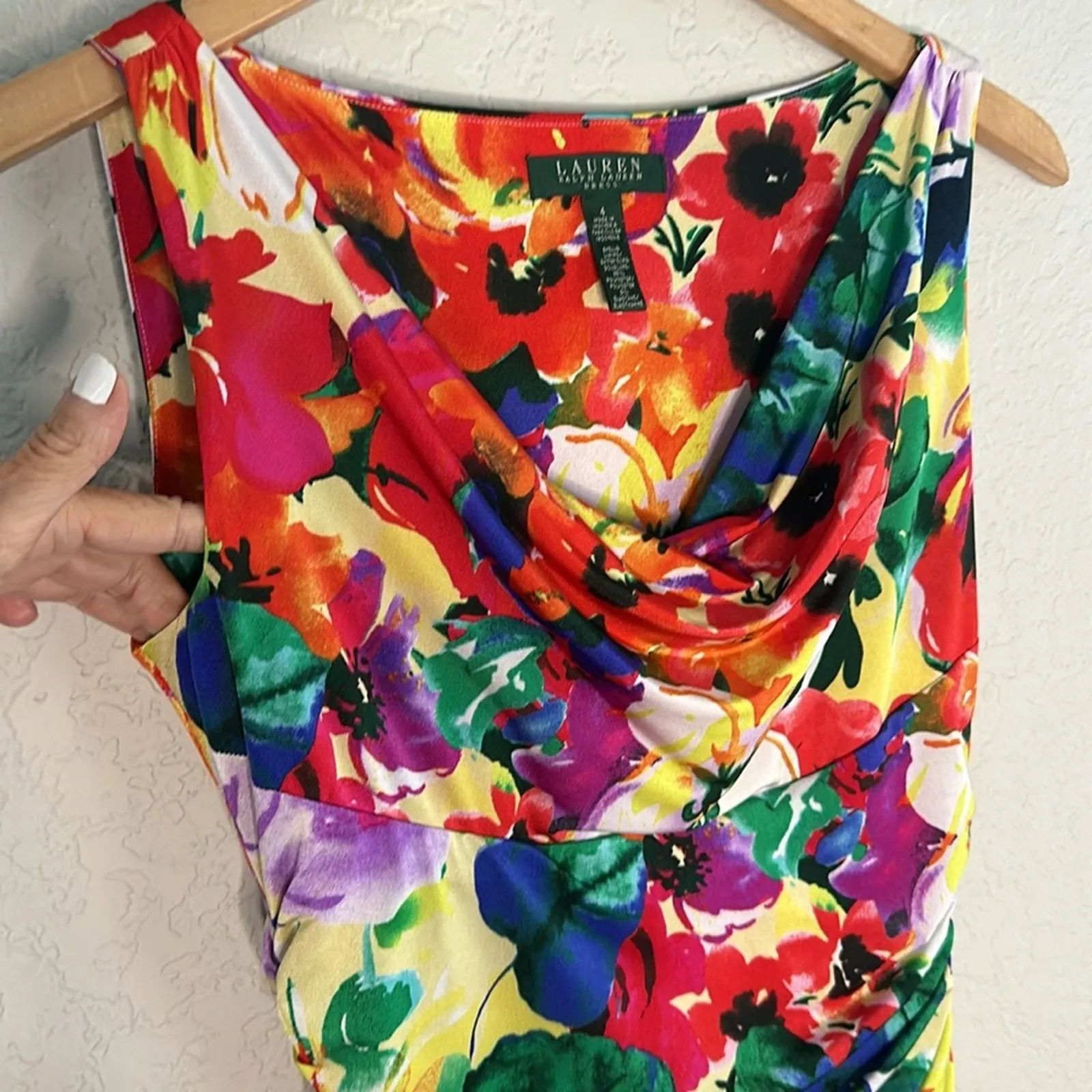 Ralph Lauren Colorful Ruched Dress Drape Neck Watercolor Office Loud Size 4 - Image 2