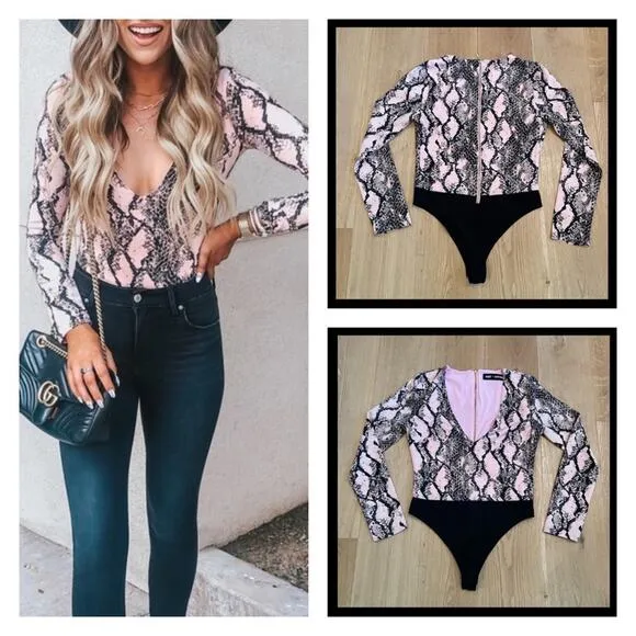 NBD X Naven Snakeskin Bodysuit in Pink & Black - Image 2
