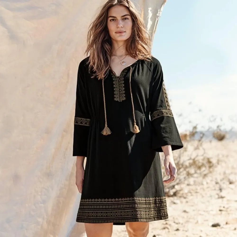 J. Jill Embroidered Cotton Blend Boho Knit Peasant Sheath Dress Black Size S - Image 4