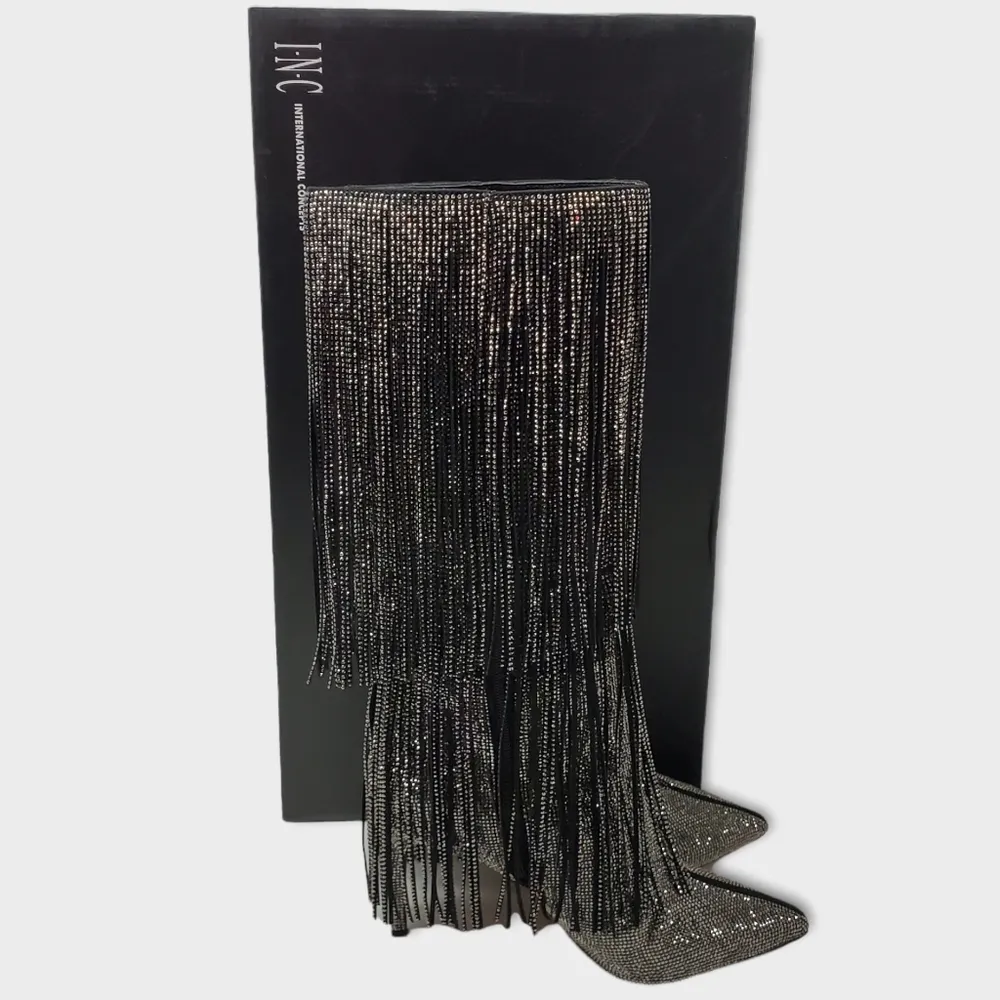 INC International Concepts Is Black and Silver Bling Fringe Heeled Boots Size 9M - Image 5