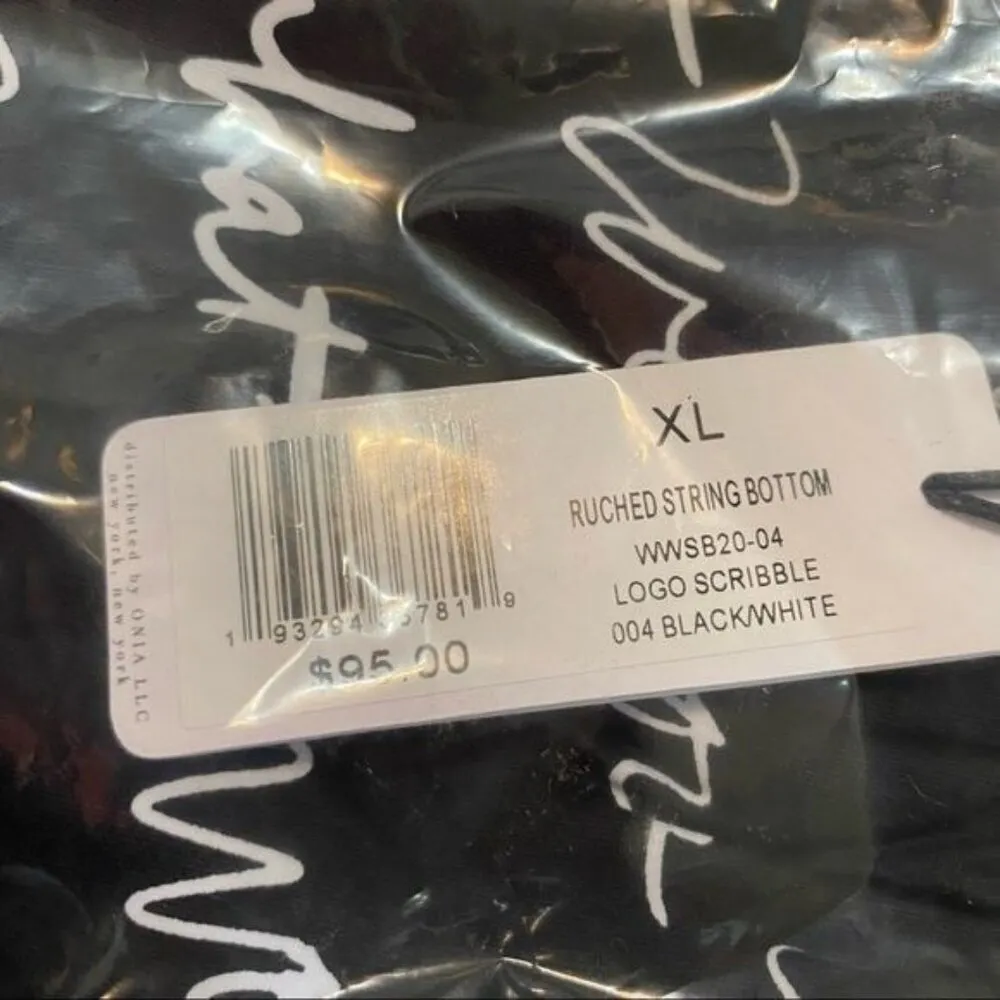 WEWOREWHAT Ruched String Logo Bikini Bottom in Black White XL - Image 8