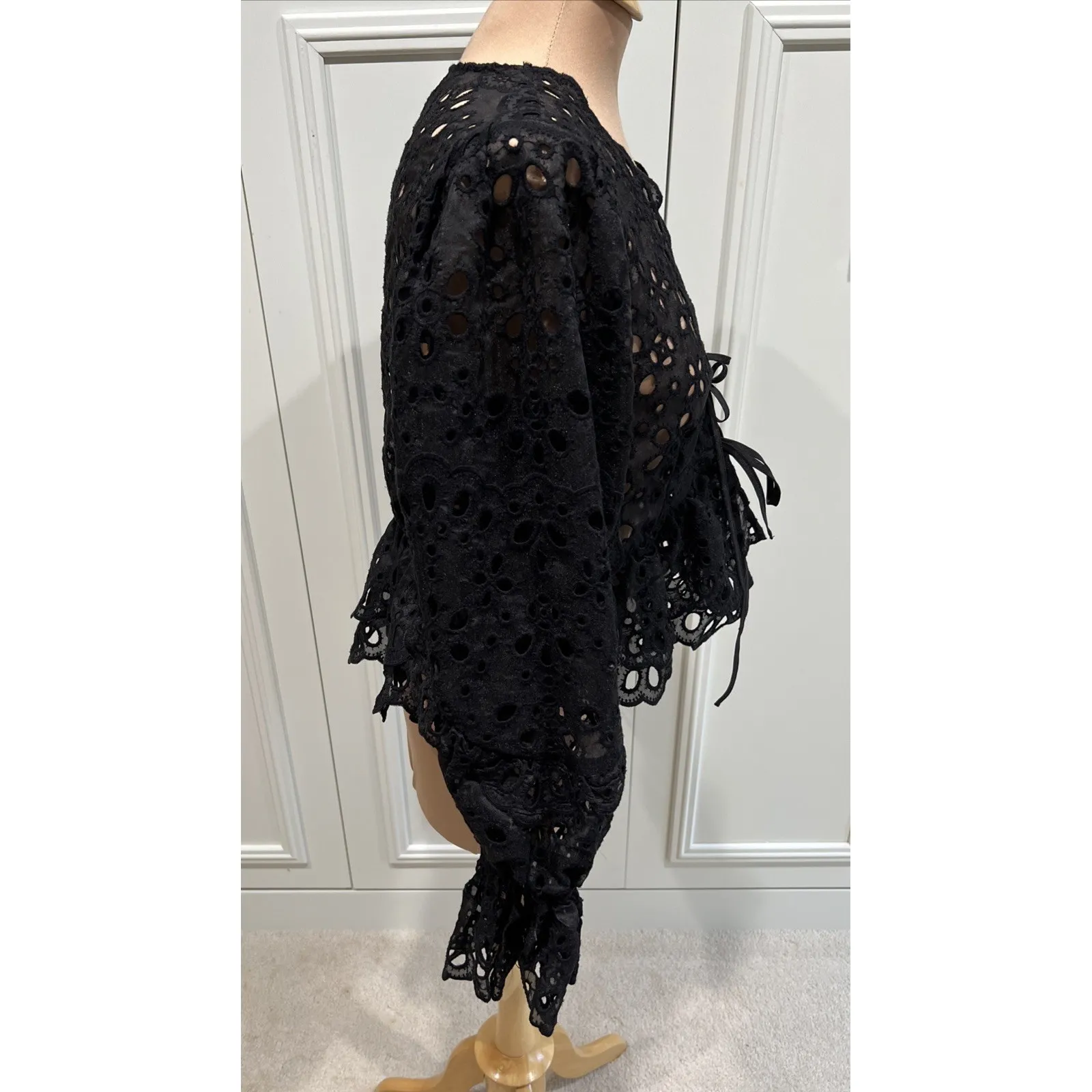 H&M Black Eyelet Tie Front Top Whimsigoth Dark Fairy Witchy Peasant Victorian - Image 3