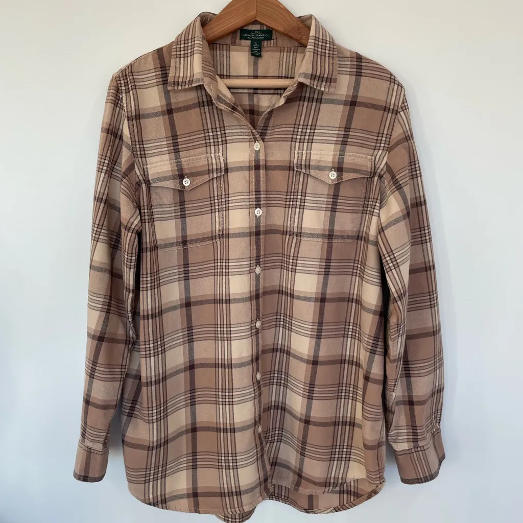 Vintage Ralph Lauren Jeans Co Flannel Plaid Cotton Shirt in Brown and Cream - Image 2