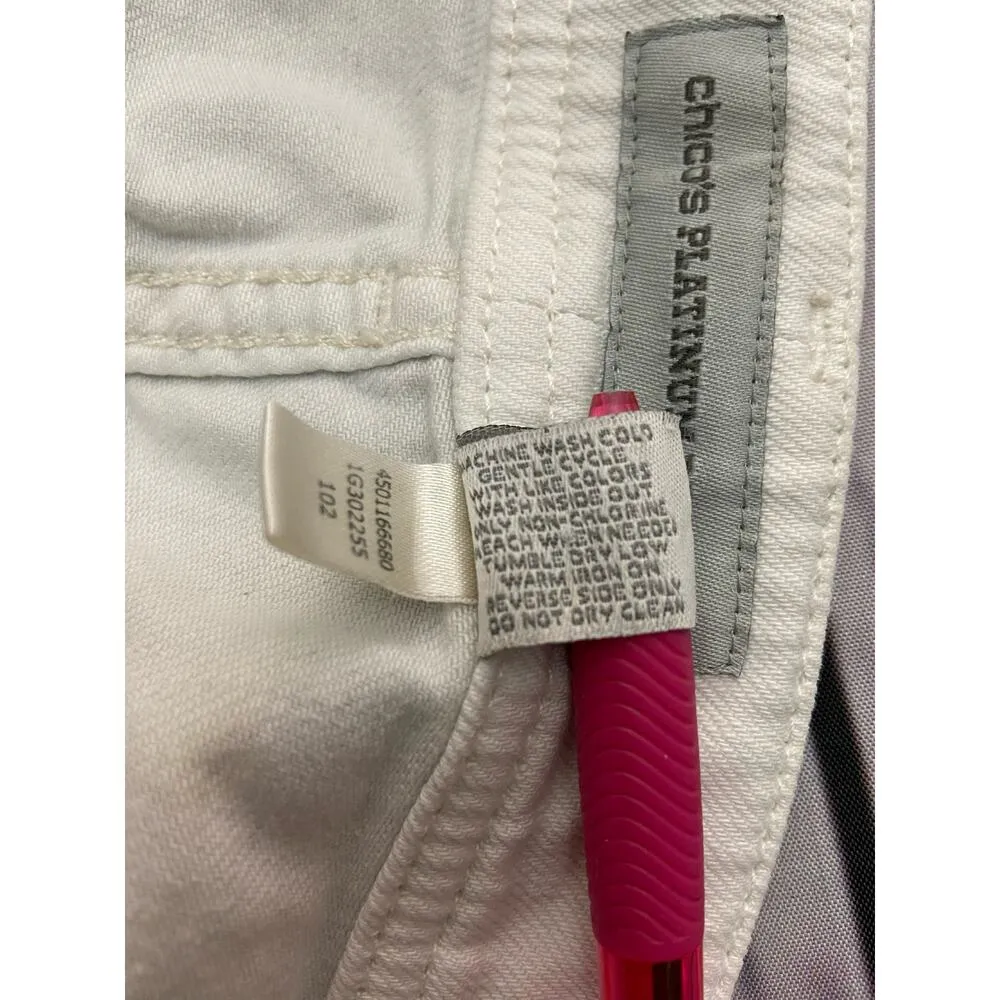 Chicos 1 Platinum Denim Jeans Womens M 5 Pocket Mid Rise Crop Ankle Zip Leopard - Image 9