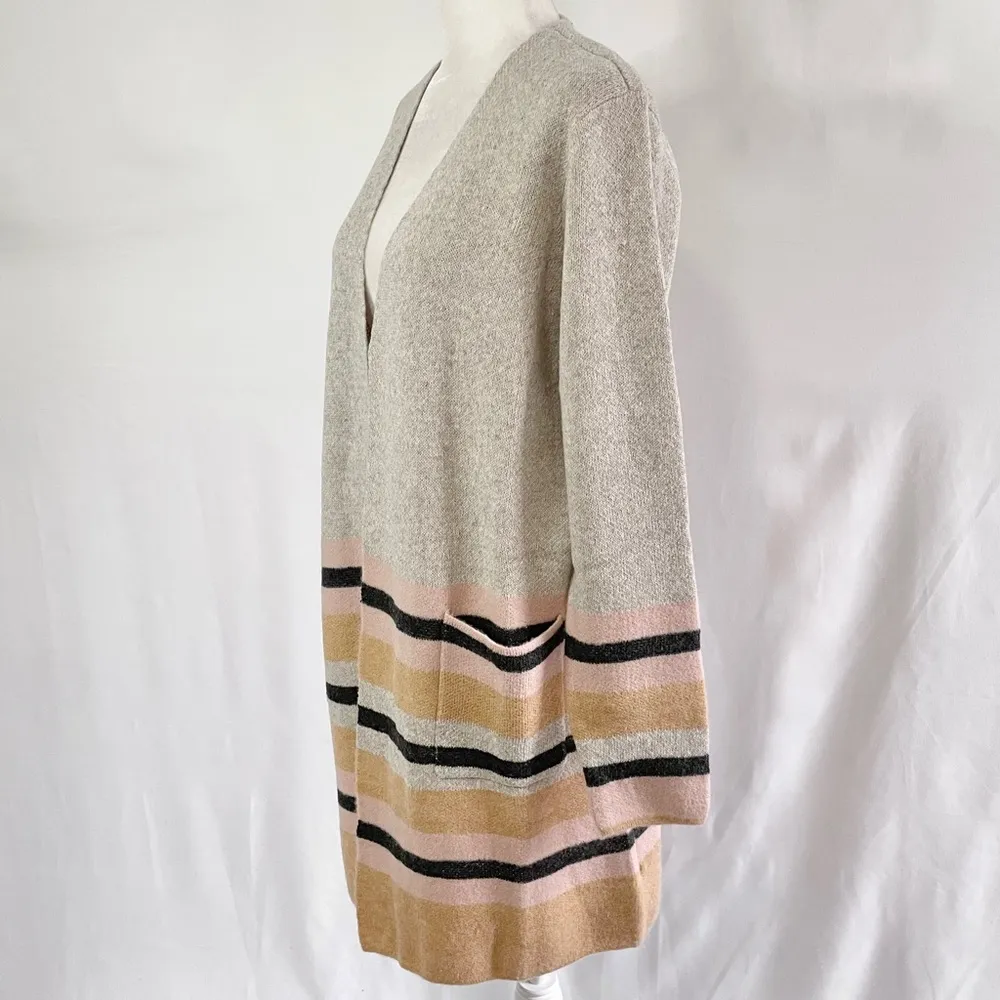 Striped Open Front Long Cardigan Grey Brown Pink Size Large - Image 4