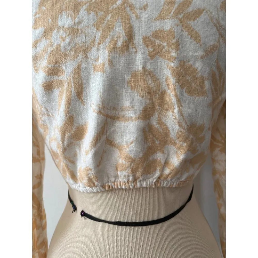 Abercrombie & Fitch peach white Long Sleeve tropical palm tree cropped top S - Image 3