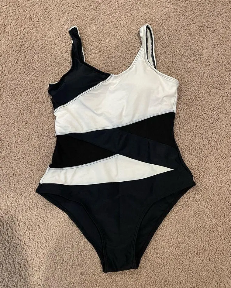 Women's Asymmetrical Padded Balck & White Mesh Insert OnePiece Swimsuit Black - Image 2
