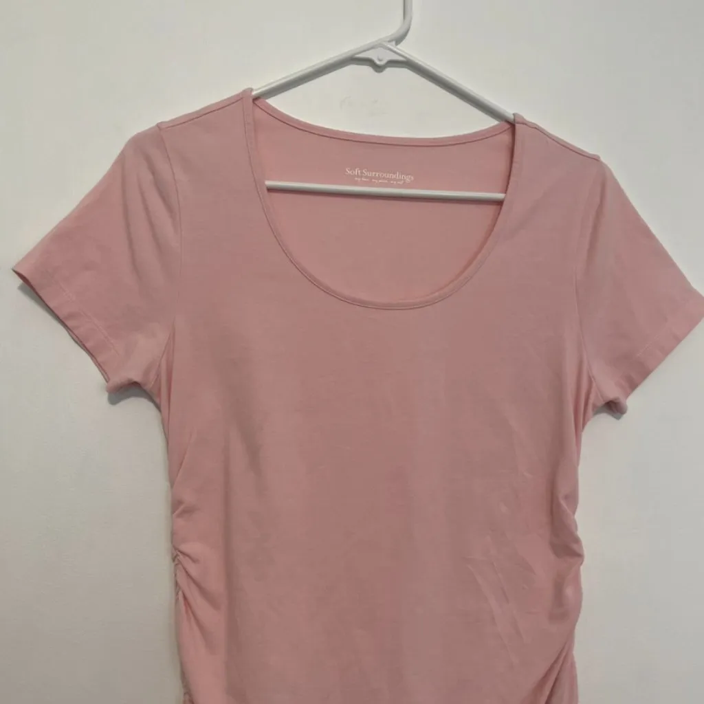 SOFT SURROUNDINGS Ruched Short Sleeve Scoop Neck Tee Light Pink Cotton T - Image 4
