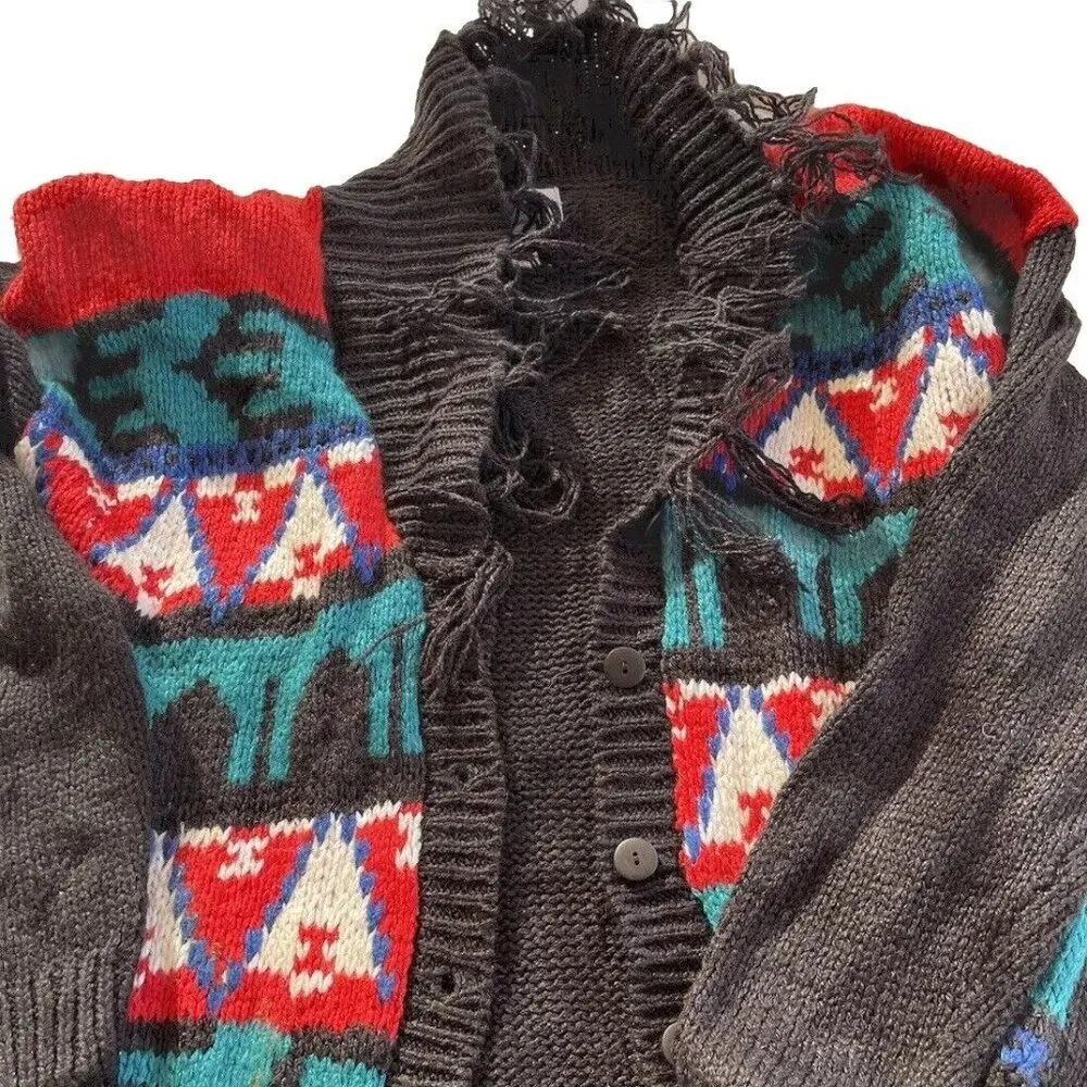Vintage Casual Corner Cardigan Women's Native American Green Black Hand Knitted Size L - Image 2