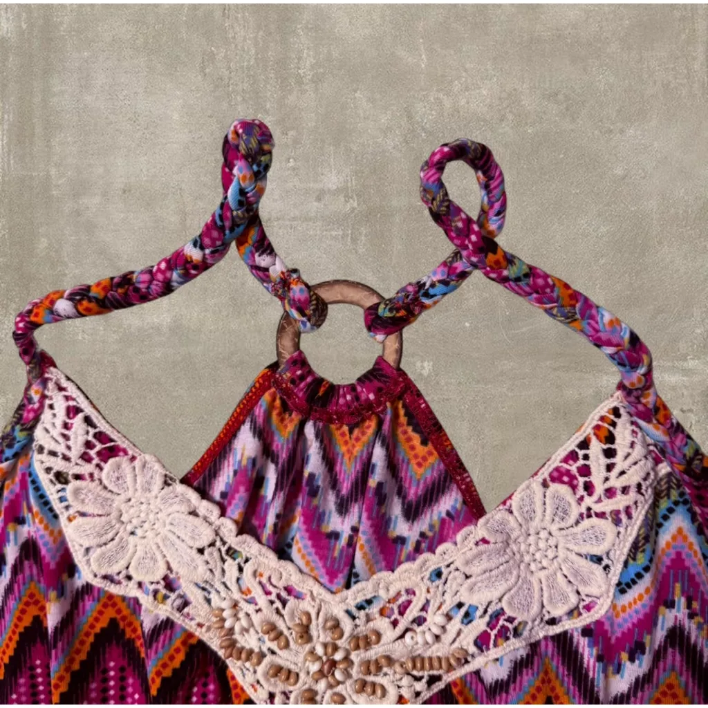 No Boundaries Zigzag Beaded Halter Tank Boho Y2K Festival Top Juniors M - Image 4