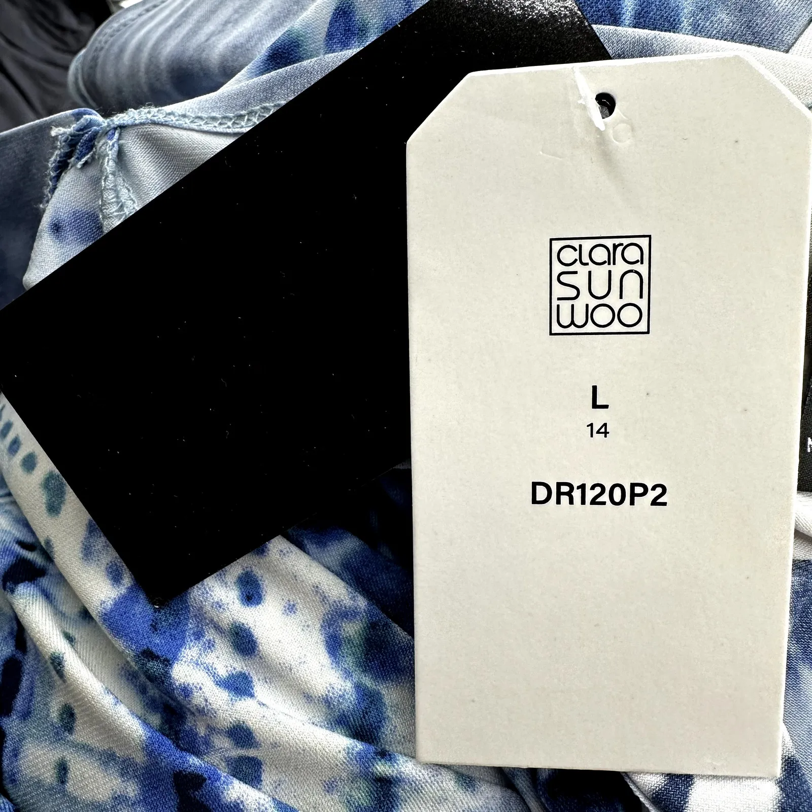 Clara Sun Woo Grecian Halter Swing Dress Acid Wash Printed Mini Blue White L NWT Size L - Image 3