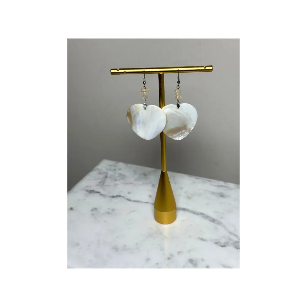 Mother Of Pearl Heart Shaped Dangle Earrings Slightly Heavy Iridescent Jewelry White - Image 3