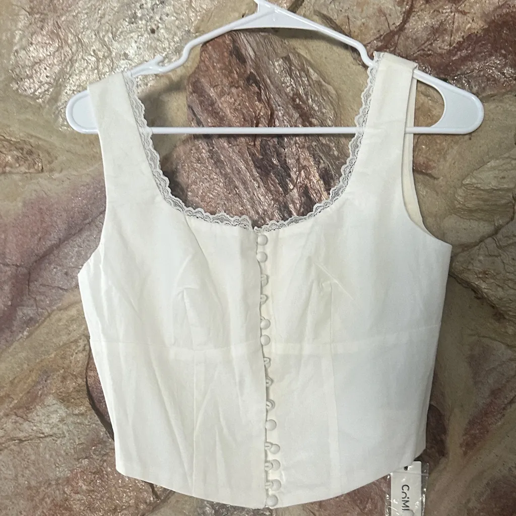 Commense Lace Trim Button Up Strappy Top size small White - Image 3